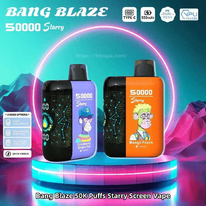 Bang Blaze 50 000 bouffées, écran étoilé, double bobine jetable, nicotine 12 saveurs, 0%, 2%, 3%, 5%, Vape Factory Direct